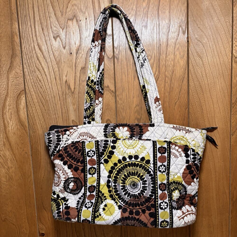 Vera Bradley Cocoa Moss Quilted Tote Bag Brown Yellow Floral Shoulder Purse - Picture 4 of 8